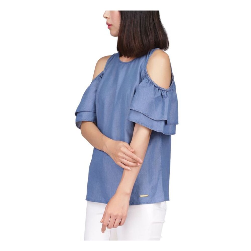 MICHAEL MICHAEL KORS Womens Blue Keyhole Back Flutter Sleeve Round Neck Top XS - Picture 3 of 4
